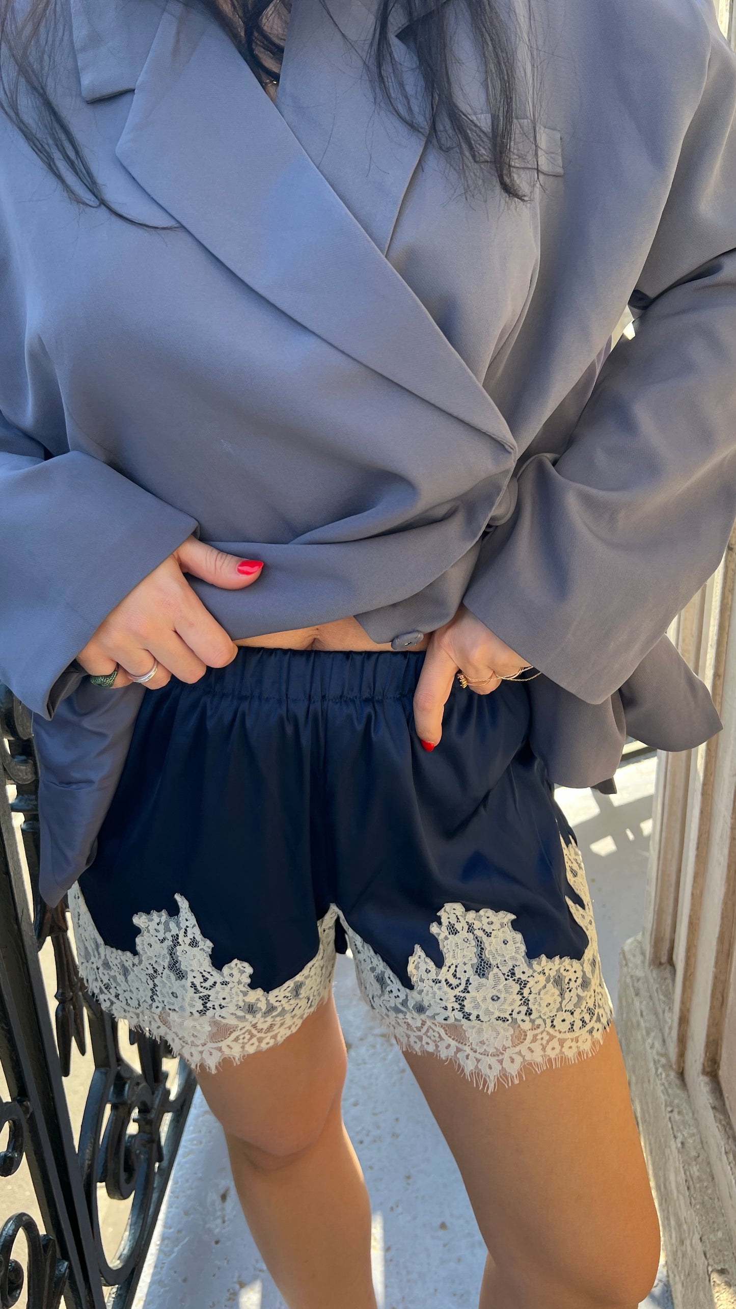 Muse Satin Mini Shorts with Lace - Midnight